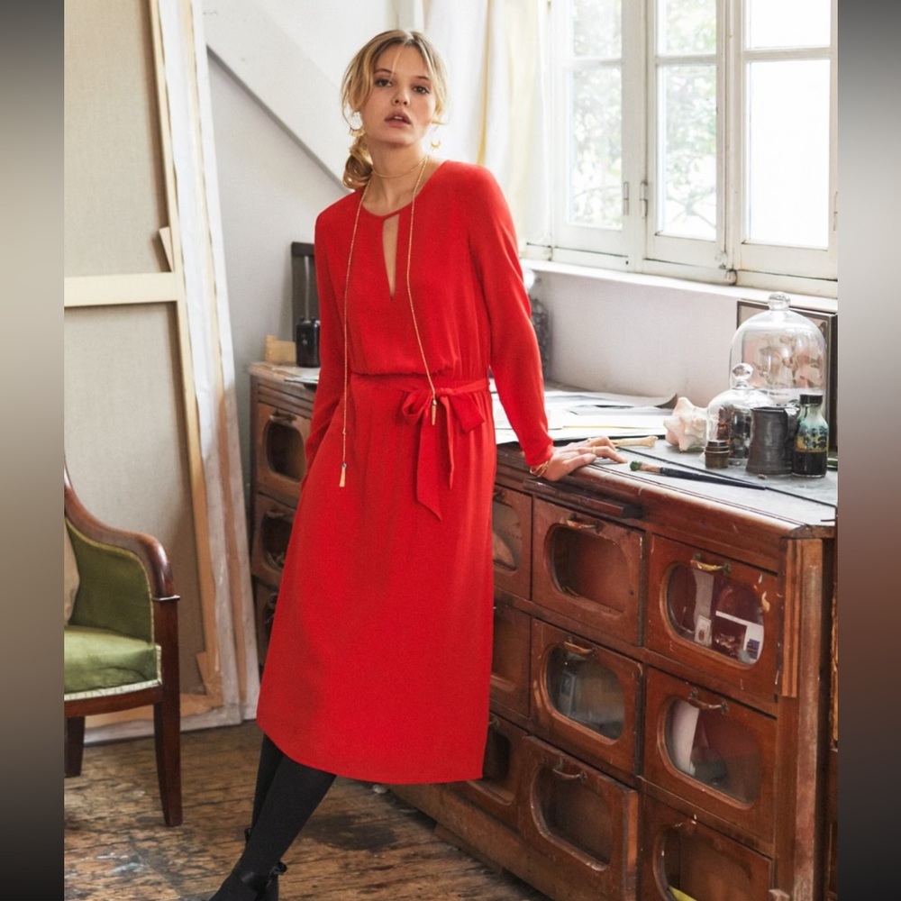 Sézane Elegant Red Long Sleeve Silk Victoire Dress (Size FR 36 | US 4) - Picture 3 of 15